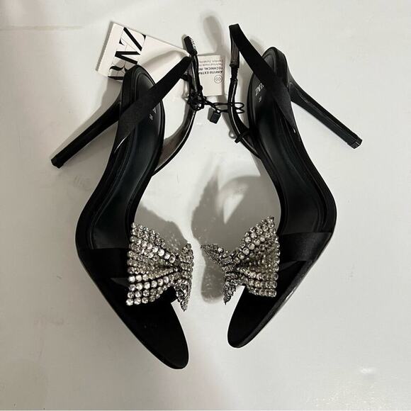 Zara Black HIGH-HEEL SANDALS WITH EMBELLISHED BOW Size 7.5 - Picture 15 of 16